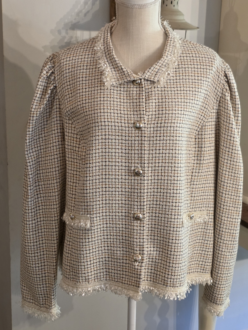 Cream Tweed Fringe Button Jacket - Women's Coat